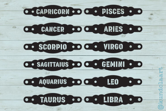 12 Constellation Star Zodiac Leather Bracelets template SVG, DXF. 