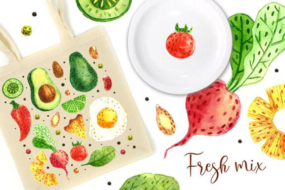 Aquarel hand drawn digital Healthy eating pack