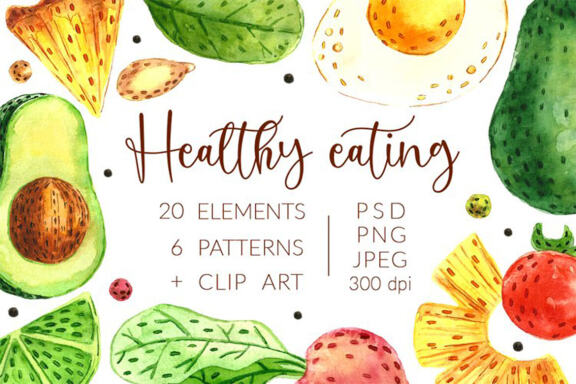 Aquarel hand drawn digital Healthy eating pack