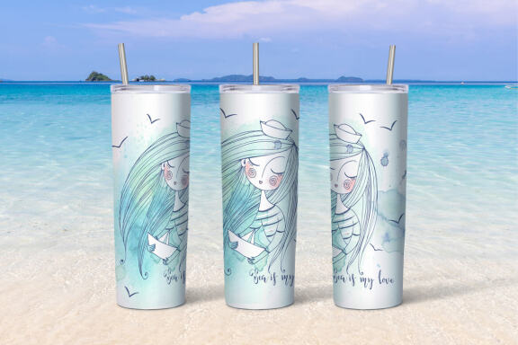 Sea beach with cute girls tumbler sublimation design Png.