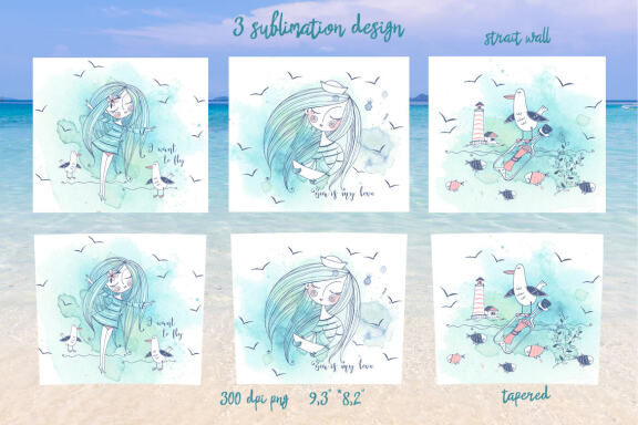 Sea beach with cute girls tumbler sublimation design Png.