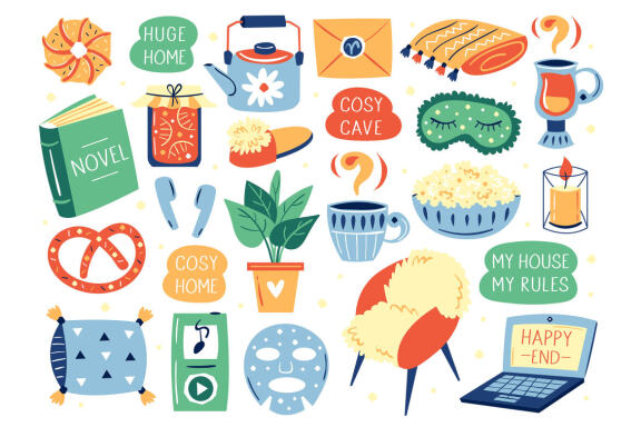 Cozy home clipart, stickers. Huge, stay home, my home stuff