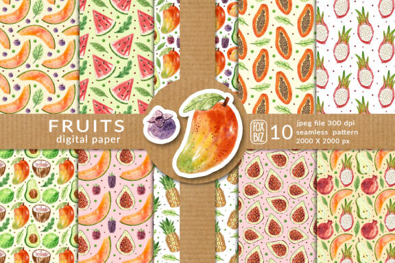 Fruits digital paper, seamless pattern. Packaging design