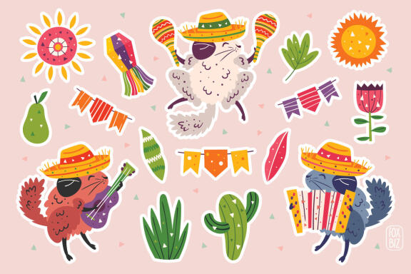 Mexico party clipart. Digital prints, stickers. Hand drawn