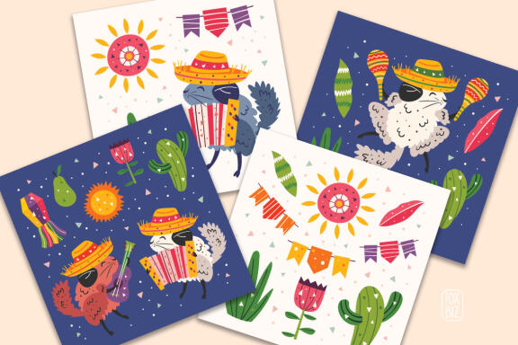 Mexico party clipart. Digital prints, stickers. Hand drawn