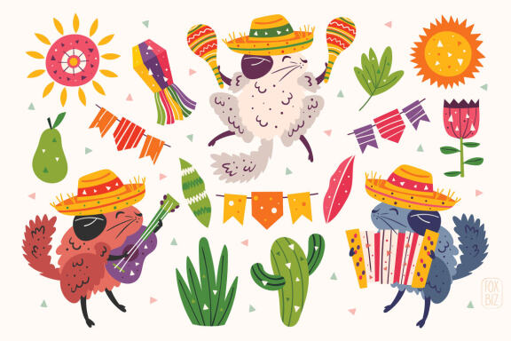 Mexico party clipart. Digital prints, stickers. Hand drawn