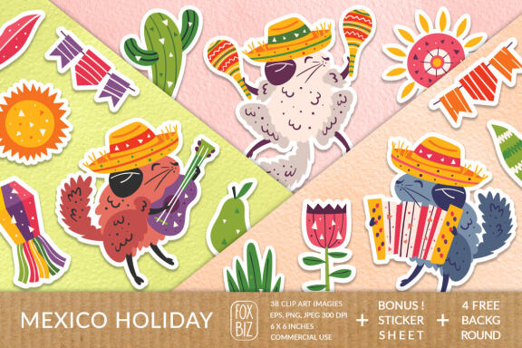 Mexico party clipart. Digital prints, stickers. Hand drawn
