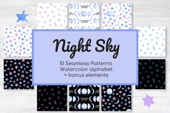 Night Sky Celestial Seamless Digital Papers, Clipart and Alphabet