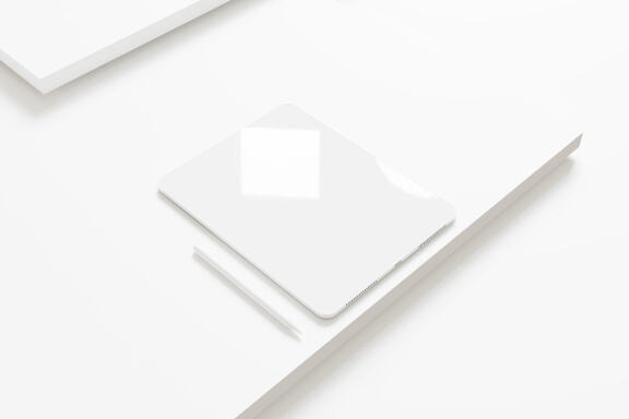 Tablet mockup with stylus looks left view in minimalist white background