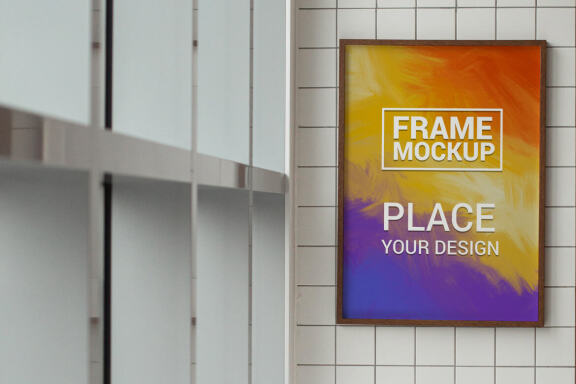 Poster in wooden Frame Hanging on Subway wall 