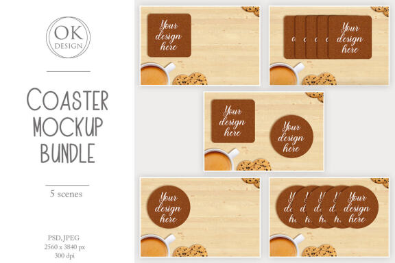 Coaster mockup bundle. Square and round coasters PSD, JPEG files.