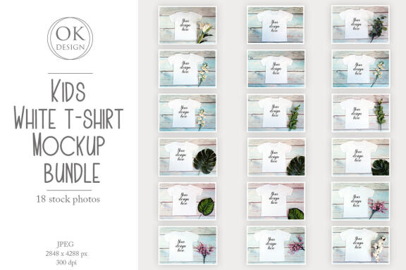 Kids White t-shirt Mockup bundle on a wooden background.