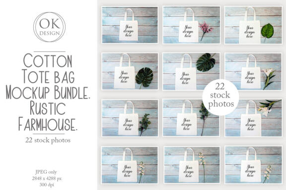 Cotton Tote bag Mockup Bundle. Rustic Farmhouse. Tote bag mockup photo with flowers and leaves.