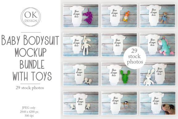 Baby Bodysuit mockup bundle with toys on a wooden background.  Kids T-shirt Mockup. 