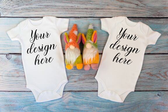 Kids Mockup Bundle of two baby bodysuits with toys. Twin baby bodysuit mockup. Kids Mockup Bundle.