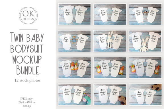 Kids Mockup Bundle of two baby bodysuits with toys. Twin baby bodysuit mockup. Kids Mockup Bundle.
