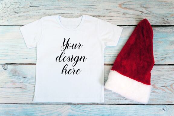 Christmas t-shirts and bodysuits mockups Bundle on a wooden background. Winter Christmas styled photo mockup.