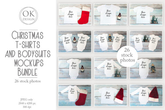 Christmas t-shirts and bodysuits mockups Bundle on a wooden background. Winter Christmas styled photo mockup.