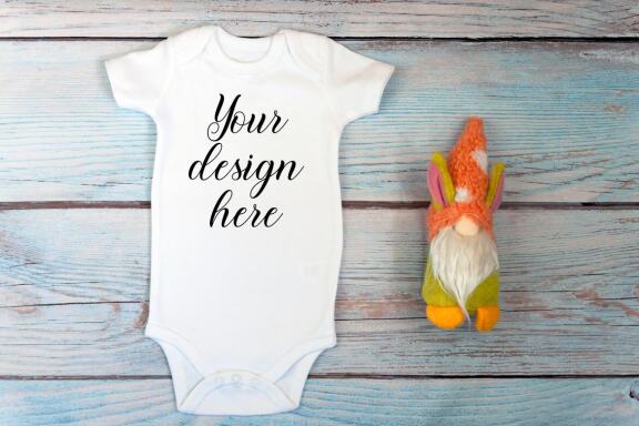 White t-shirt mockup and bodysuit mockup bundle with gnomes toys.