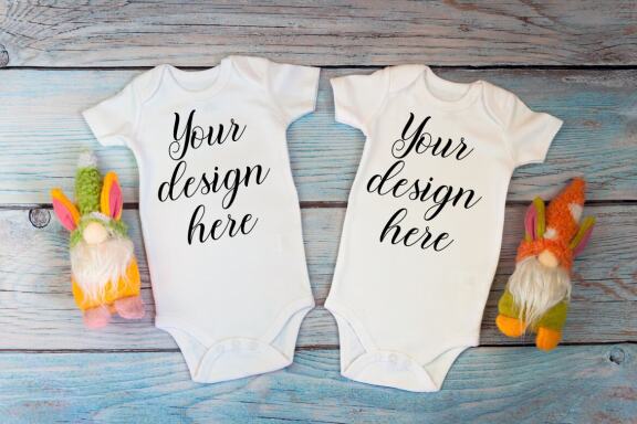 White t-shirt mockup and bodysuit mockup bundle with gnomes toys.
