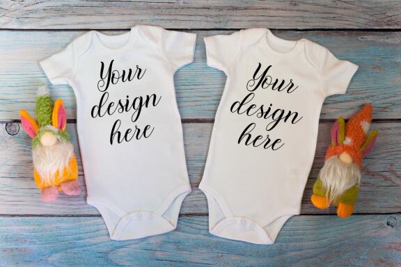 White t-shirt mockup and bodysuit mockup bundle with gnomes toys.