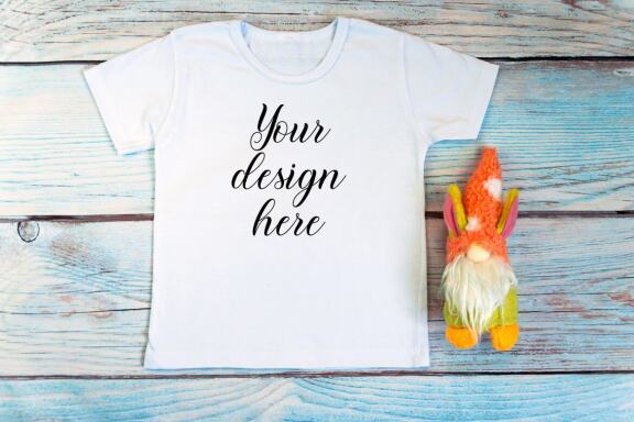White t-shirt mockup and bodysuit mockup bundle with gnomes toys.