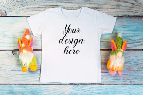 White t-shirt mockup and bodysuit mockup bundle with gnomes toys.