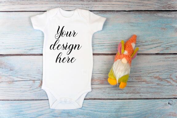 White t-shirt mockup and bodysuit mockup bundle with gnomes toys.