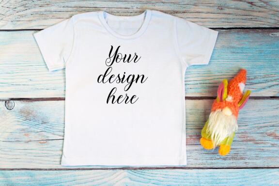 White t-shirt mockup and bodysuit mockup bundle with gnomes toys.
