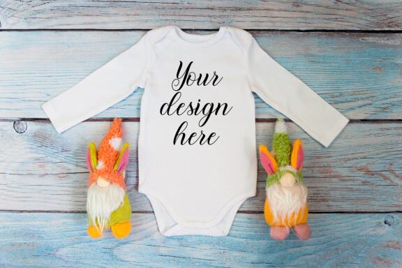 White t-shirt mockup and bodysuit mockup bundle with gnomes toys.