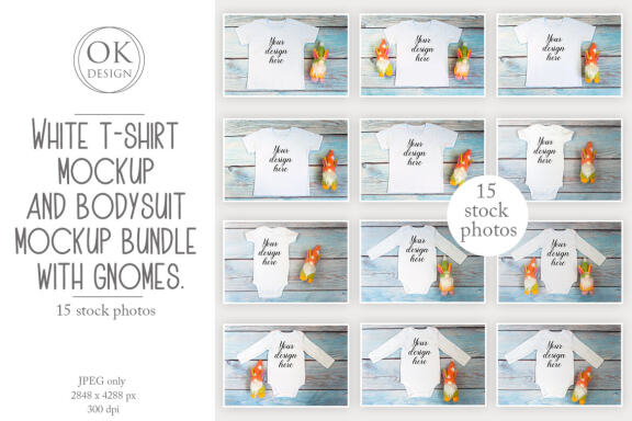 White t-shirt mockup and bodysuit mockup bundle with gnomes toys.