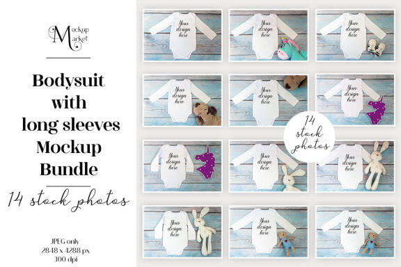 Bodysuit Mockup Bundle with long sleeves on a wooden background.