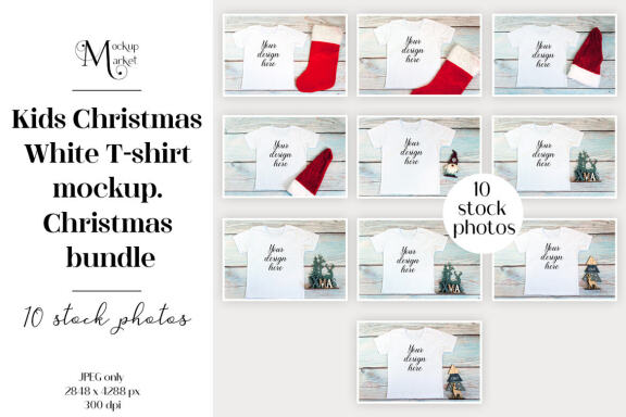 Kids Christmas White T-shirt mockup on a wooden background. Christmas bundle.