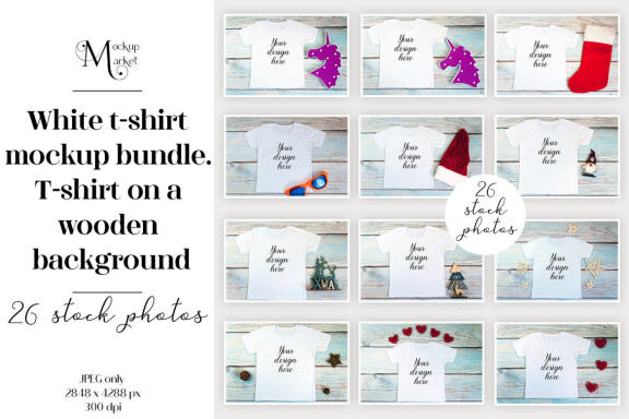 White kid t-shirt mockup bundle. T-shirt on a wooden background.