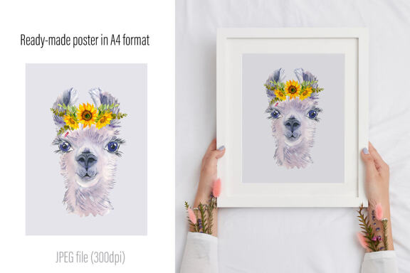 Watercolor Llama sunflower Clipart 