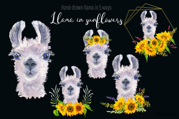 Watercolor Llama sunflower Clipart 