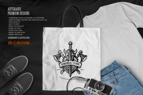 Monochrome Viking Helmet, shield and axe, with Ribbon Logo