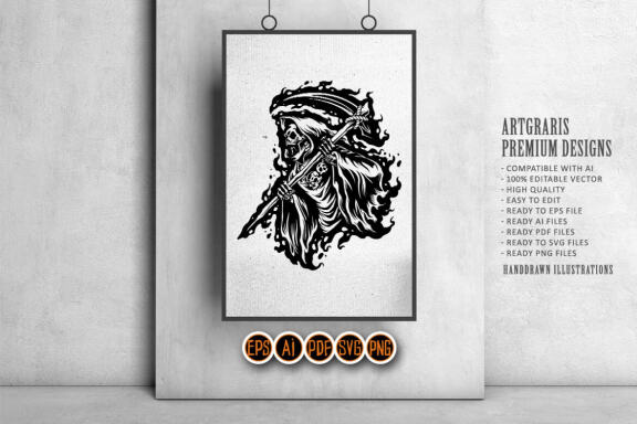 Silhouette grim reaper cartoon illustration