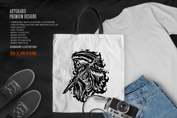 Silhouette grim reaper cartoon illustration