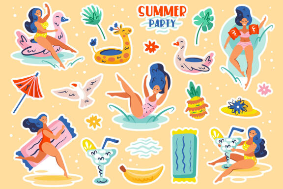 Summer party clipart. Flat vector digital prints stickers