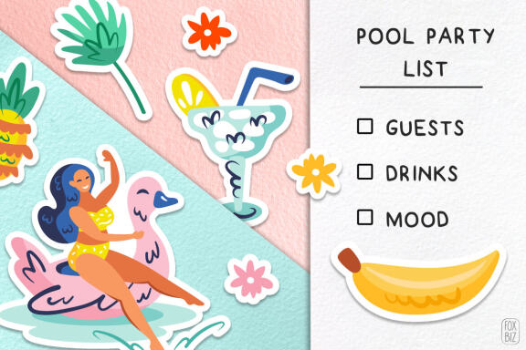 Summer party clipart. Flat vector digital prints stickers