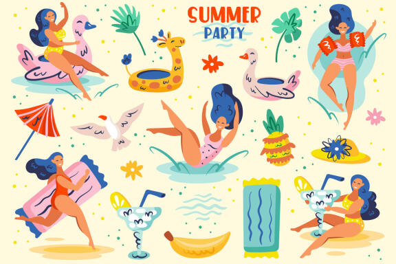 Summer party clipart. Flat vector digital prints stickers
