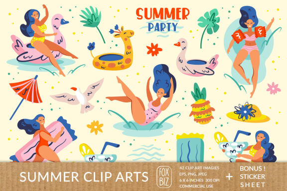 Summer party clipart. Flat vector digital prints stickers