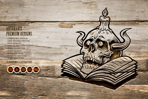 Human Silhouette Skull and Book with Candle