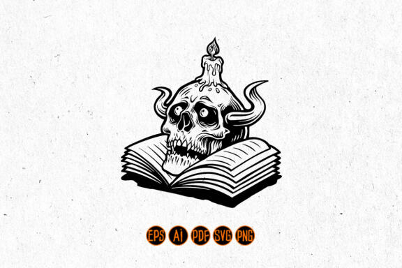 Human Silhouette Skull and Book with Candle