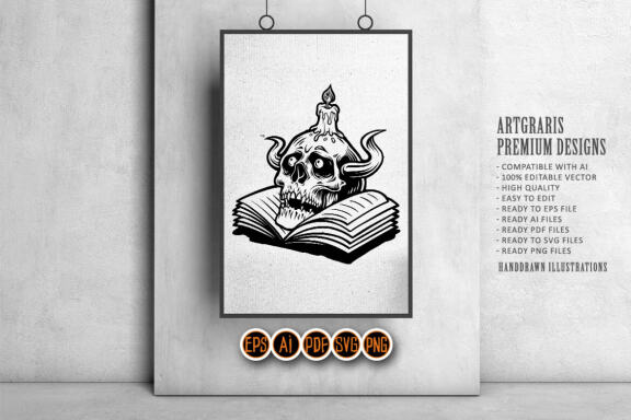 Human Silhouette Skull and Book with Candle