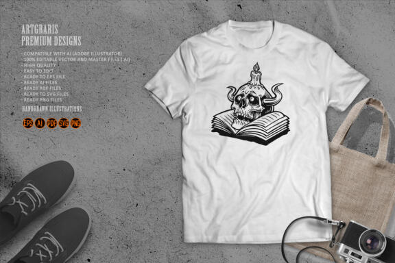 Human Silhouette Skull and Book with Candle