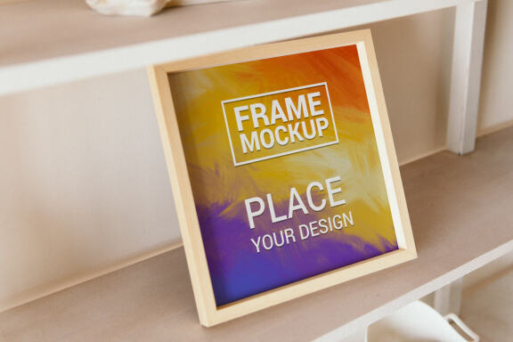 Square Wooden Photo Frame Mockup In simple Interior