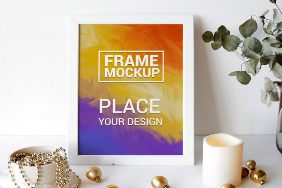 White Frame Mockup with Christmas Balls 