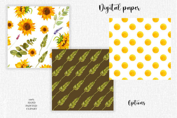 Sunflowers and wheat seamless patterns